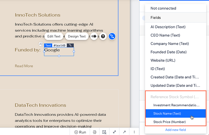 The image shows a user interface for connecting a data source with fields to be added, including "Stock Name (Text)" and "Stock Price (Number)", highlighted within a text editing window. (Captioned by AI)