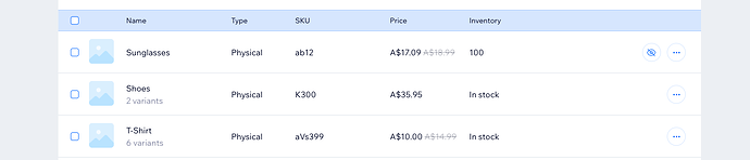 The image displays a table listing items, including Sunglasses, Shoes, and a T-Shirt, with details such as price, inventory levels, and variations, under categorized types like Physical and SKU. (Captioned by AI)