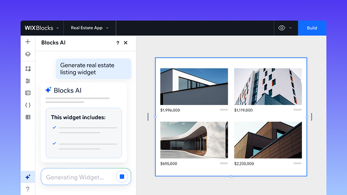 The screenshot shows the Wix Blocks editor for a real estate app featuring images and prices of different properties.