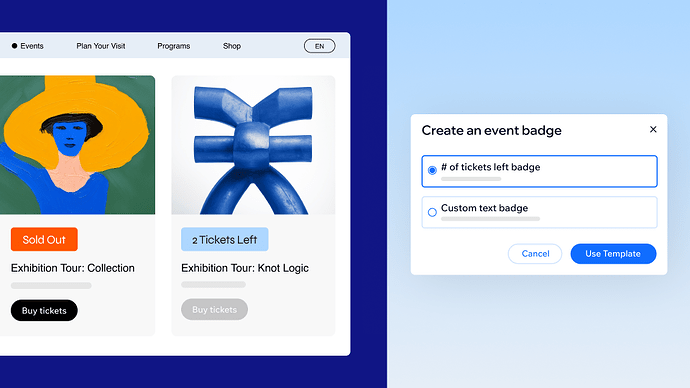 A user interface showing event badges for exhibition tours, with options to create a new event badge