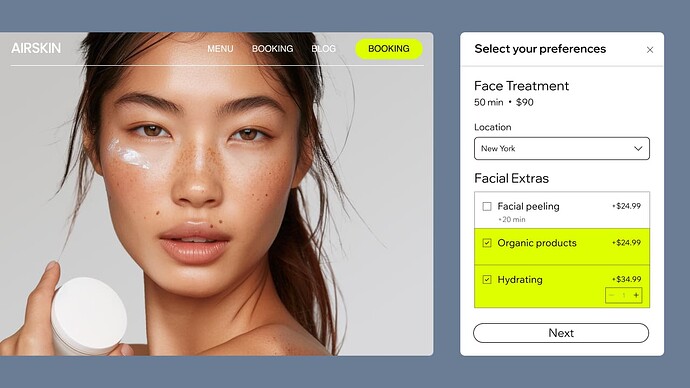 A woman applying a facial treatment with a booking interface for spa services