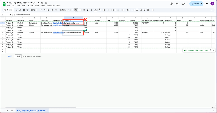 The image displays a CSV file in Google Sheets titled "Wix Templates Products," highlighting specific text related to sunglasses and a T-Shirt Bears Collection. (Captioned by AI)