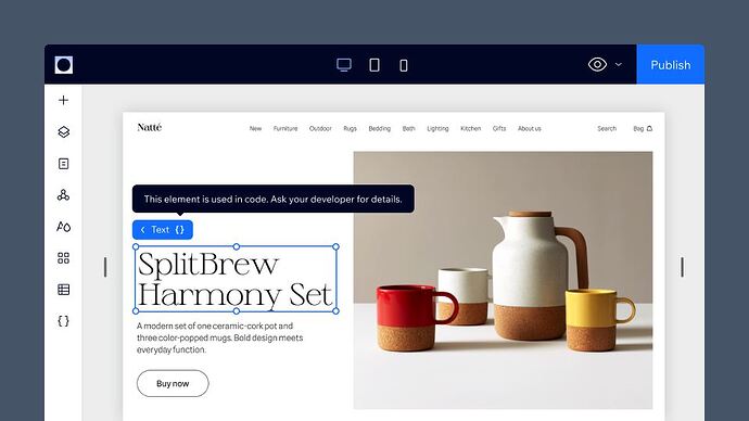 The image shows a webpage displaying a 'SplitBrew Harmony Set' of colorful ceramic mugs and a jug with a brown base.
