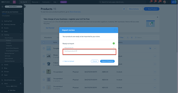 This image shows a pop-up dialog in a table listing new products within the Shopify interface with options to import or update existing products, as part of the Shopify app setup process. (Captioned by AI)