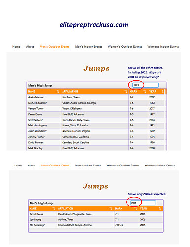 Elite Prep Track USA website High Jump search sample 2025