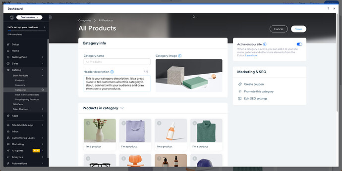 This screenshot displays a dashboard for managing all products, with options for setup, sales, catalog organization, and marketing tools within an e-commerce platform. (Captioned by AI)
