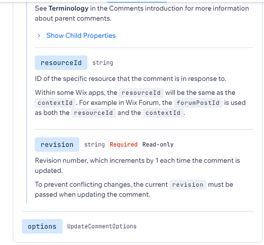 The image shows a section of a documentation page detailing properties related to comments, specifically focusing on the resourceId and revision fields. (Captioned by AI)