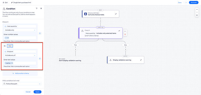 The image displays a configuration interface for Wix Functions for setting a condition to check the total quantity of items and their included items in a shopping cart. (Captioned by AI)