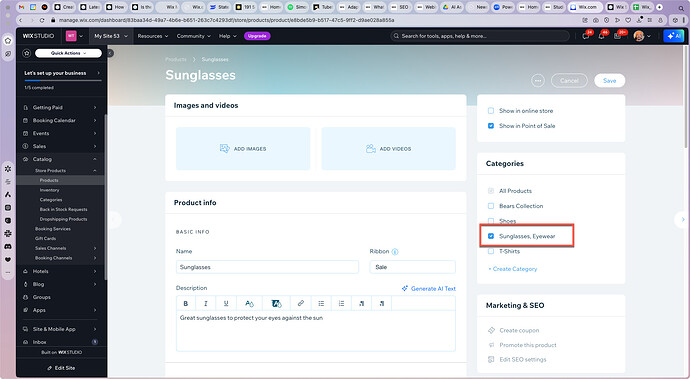 The image shows a Wix Studio interface for editing a product page, highlighting the "Glasses" category under "Categories" and options to show the product online or in a point-of-sale system. (Captioned by AI)