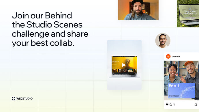 This promotional graphic for Wix Studio invites users to join a 'Behind the Studio Scenes' challenge to share their best collaborations, showcasing examples of creative work and team projects.
