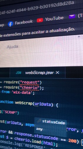 The image shows a screenshot of a code editor with JavaScript code highlighted, including the requirement statements for the "request" and "cheerio" modules and a function for web scraping. (Captioned by AI)