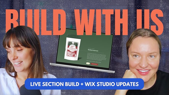 Two women smiling and presenting a live section build and Wix Studio updates with a laptop screen displaying a product page.