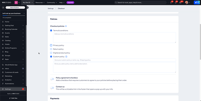 The image shows the 'Policies' settings page in the Wix website, where options for setting up checkout policies, including privacy, return, and digital product policies, can be managed and customized. (Captioned by AI)