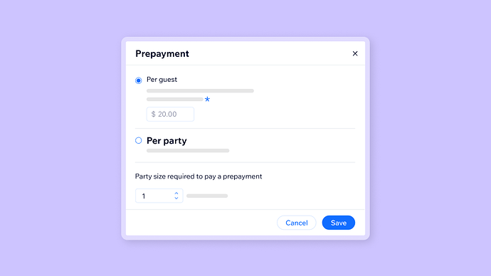 A prepayment dialog box showing options to pay per guest or per party, with a specified amount of 690x3880.00 per guest and a field to input the party size required to pay a prepayment