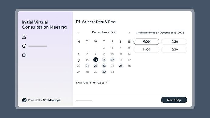 A user interface for scheduling an initial virtual consultation meeting via Wix Meetings, showing a calendar for December 2025 with available time slots on the 15th and a time zone set to New York