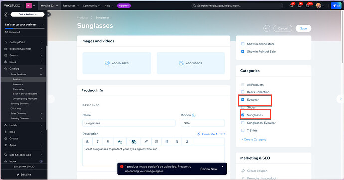 The image shows a web-based product management platform where a "Sunglasses" product is in the process of being added or edited, with various menus and options available for categorization and SEO settings. (Captioned by AI)