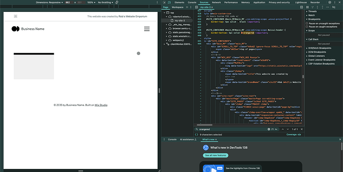 A screenshot of a web development environment showing a website's code and design in progress, with the website displaying a placeholder business name and a footer credit to Wix Studio. (Captioned by AI)