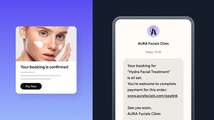 The image displays a confirmation notification for a facial treatment booking at AURA Facials Clinic, shown on a text message. Featuring a woman applying cream to her face.