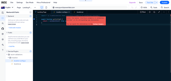 The image shows a Wix editor interface with a code editor open, displaying an error message indicating that a module cannot be found. (Captioned by AI)