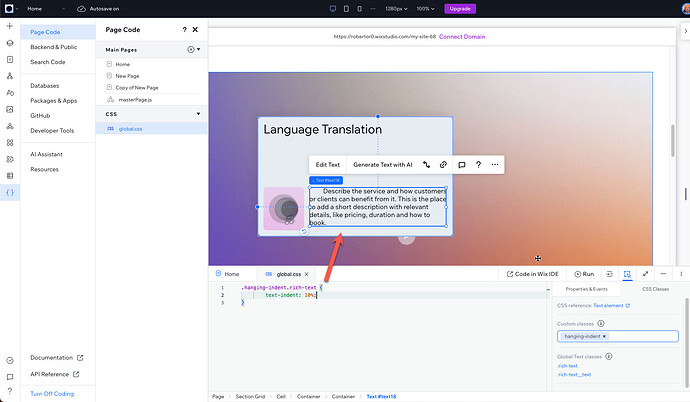 A screenshot of the Wix Studio website builder displays a user editing the CSS of a webpage, specifically focusing on styling for a 'hanging-indent' text element. (Captioned by AI)