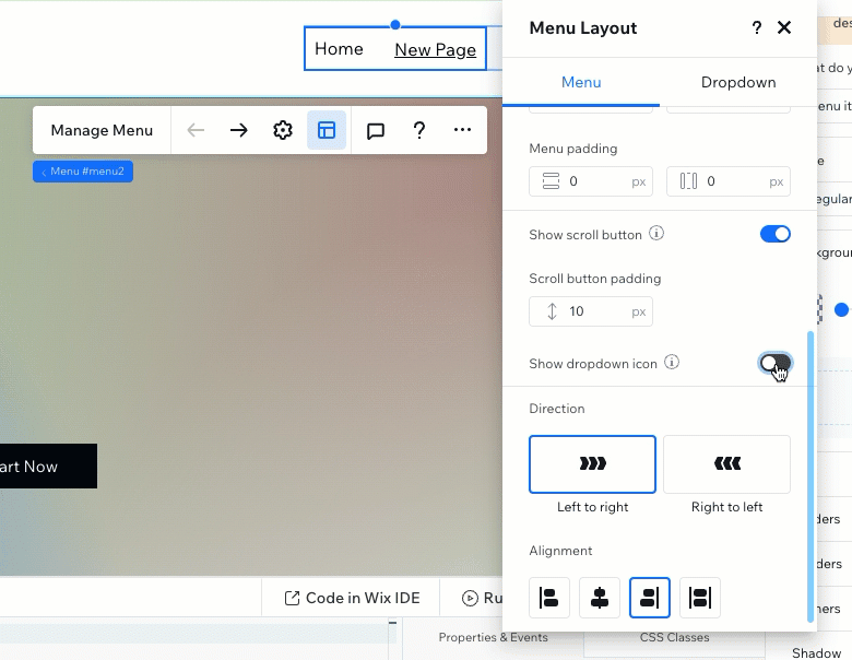 This is a screenshot of a website editor interface, Wix Studio, showing menu customization options with settings for padding, scroll buttons, and alignment and the ability to toggle dropdown icons. (Captioned by AI)