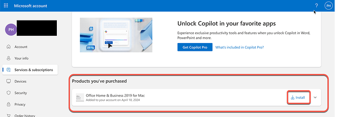 MS account page for installing Mac Office