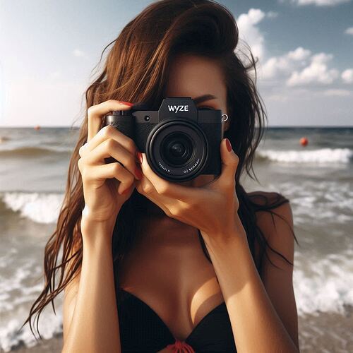 a girl on the beach holding a camera with a Wyze logo on the camera (8)