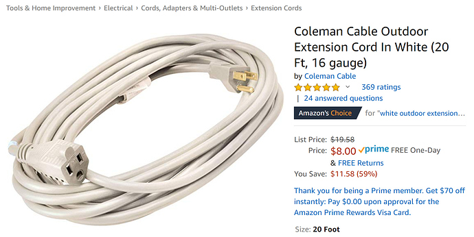 Coleman Cable Outdoor Extension Cord In White  20 Ft  16 gauge  - White Outdoor Electrical Cord - Amazon com
